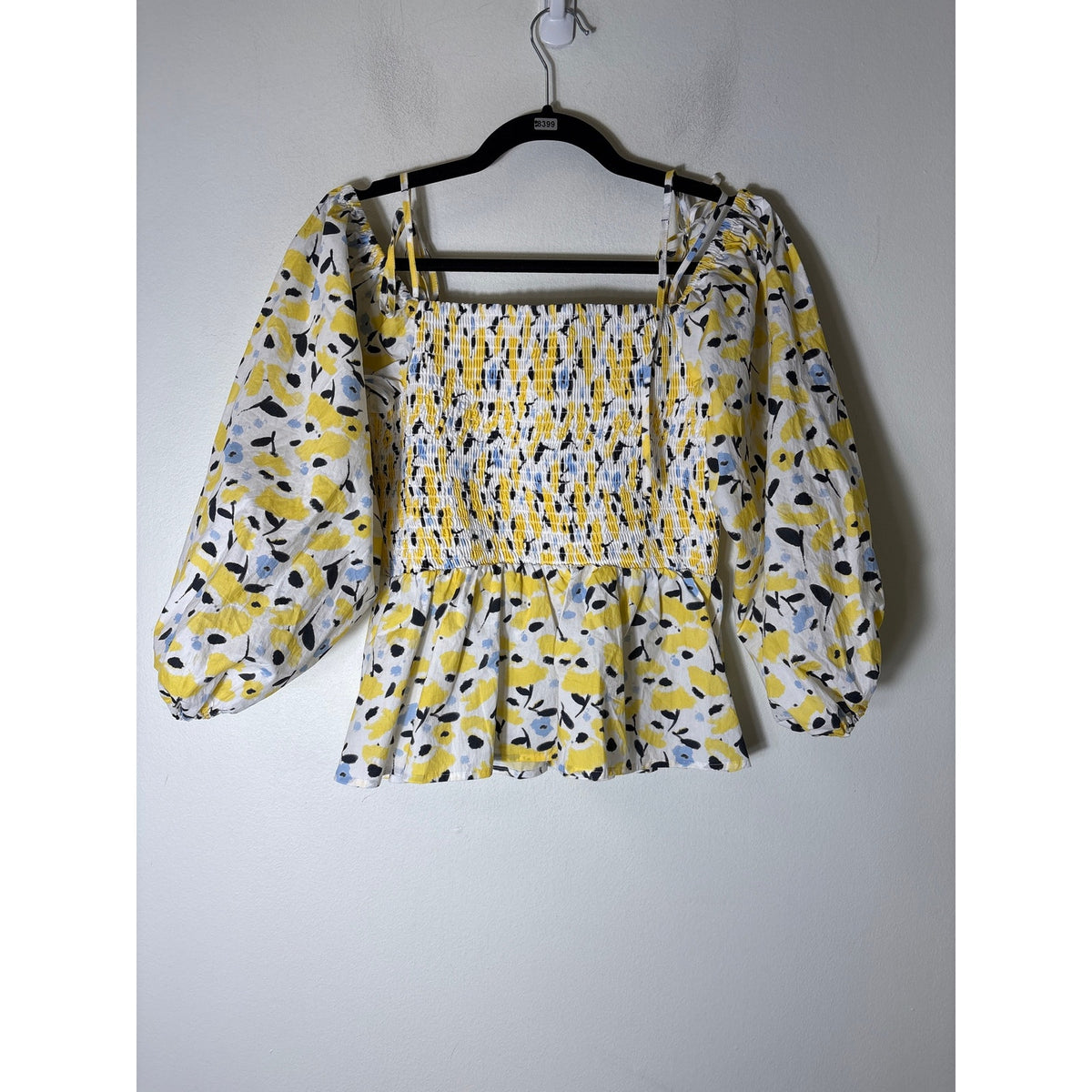 Tayna Taylor Yellow Smocked 3/4 Puff Sleeve Peplum Top Sz S