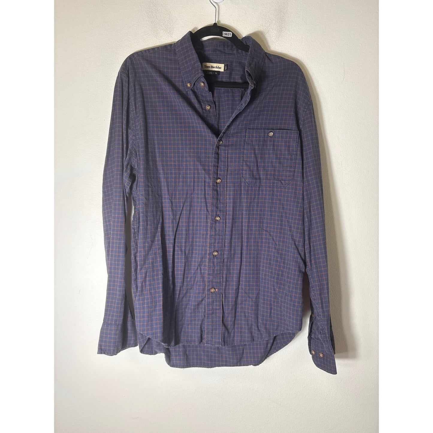 Tom Beckbe Navy Blue Plaid Long Sleeve Cotton Shirt Sz L