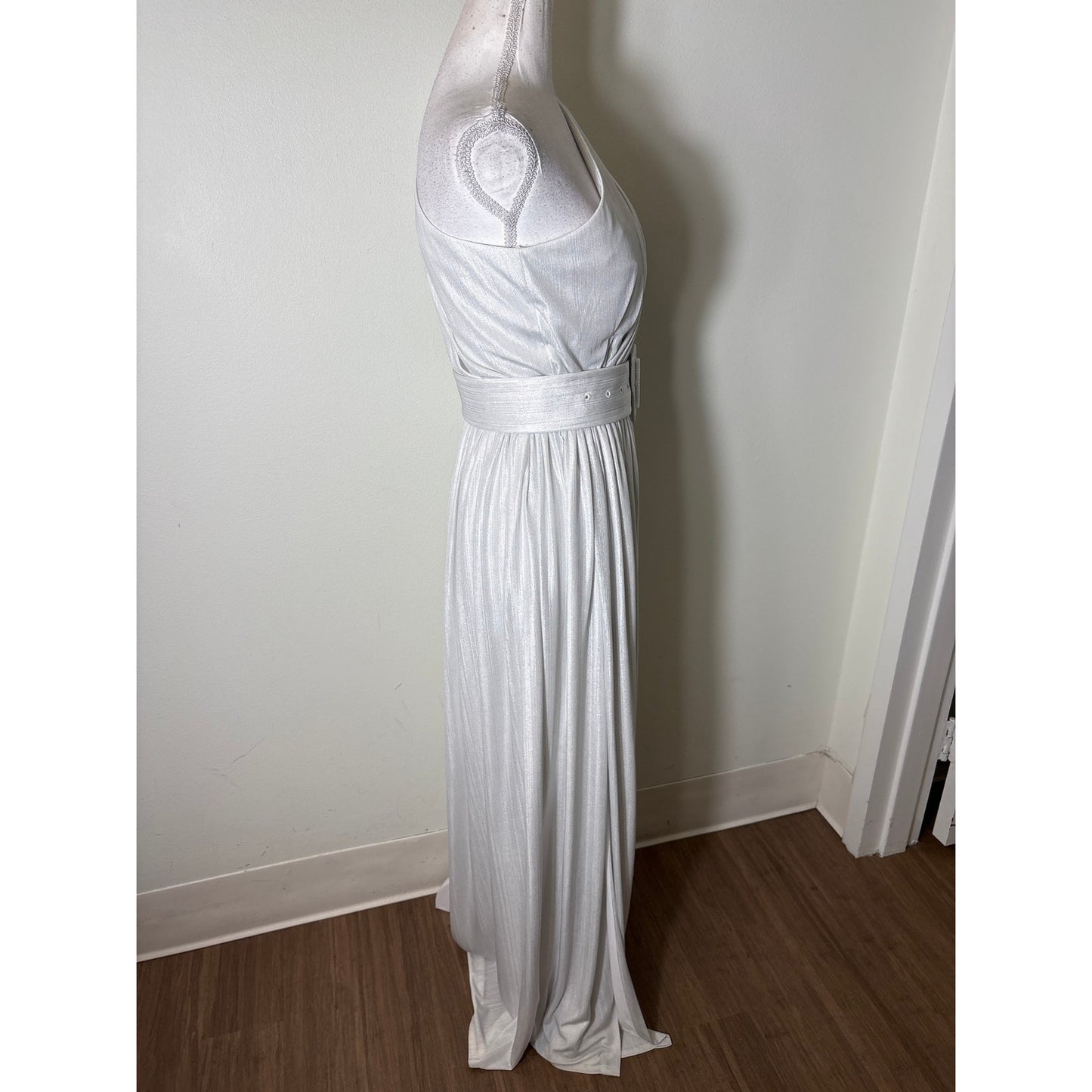 Retrofete Silver One Shoulder Belted Gown Sz xs