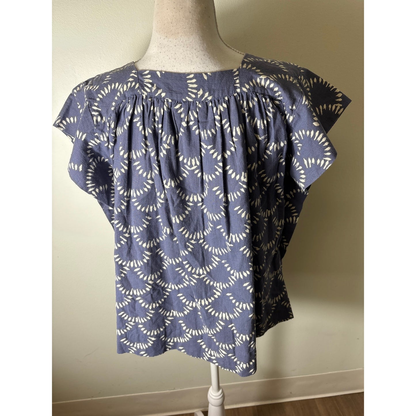 Mirth Blue and White Block Print Cotton Top Sz XS