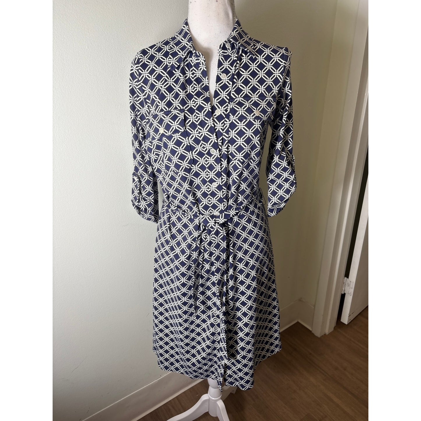 J. McLaughlin Dark Blue White Bamboo Long Sleeve Knee Length Dress Sz XS