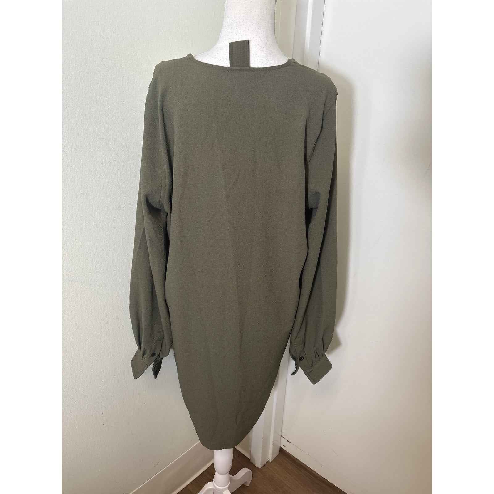 Ganni Army Green Long Sleeve V-Neck Knee Length Shift Dress Sz 38