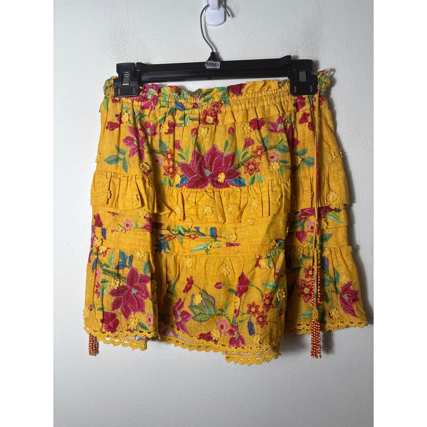Farm Rio Golden Yellow and Fushia Floral Print One Shoulder Mini Skirt Set Sz S