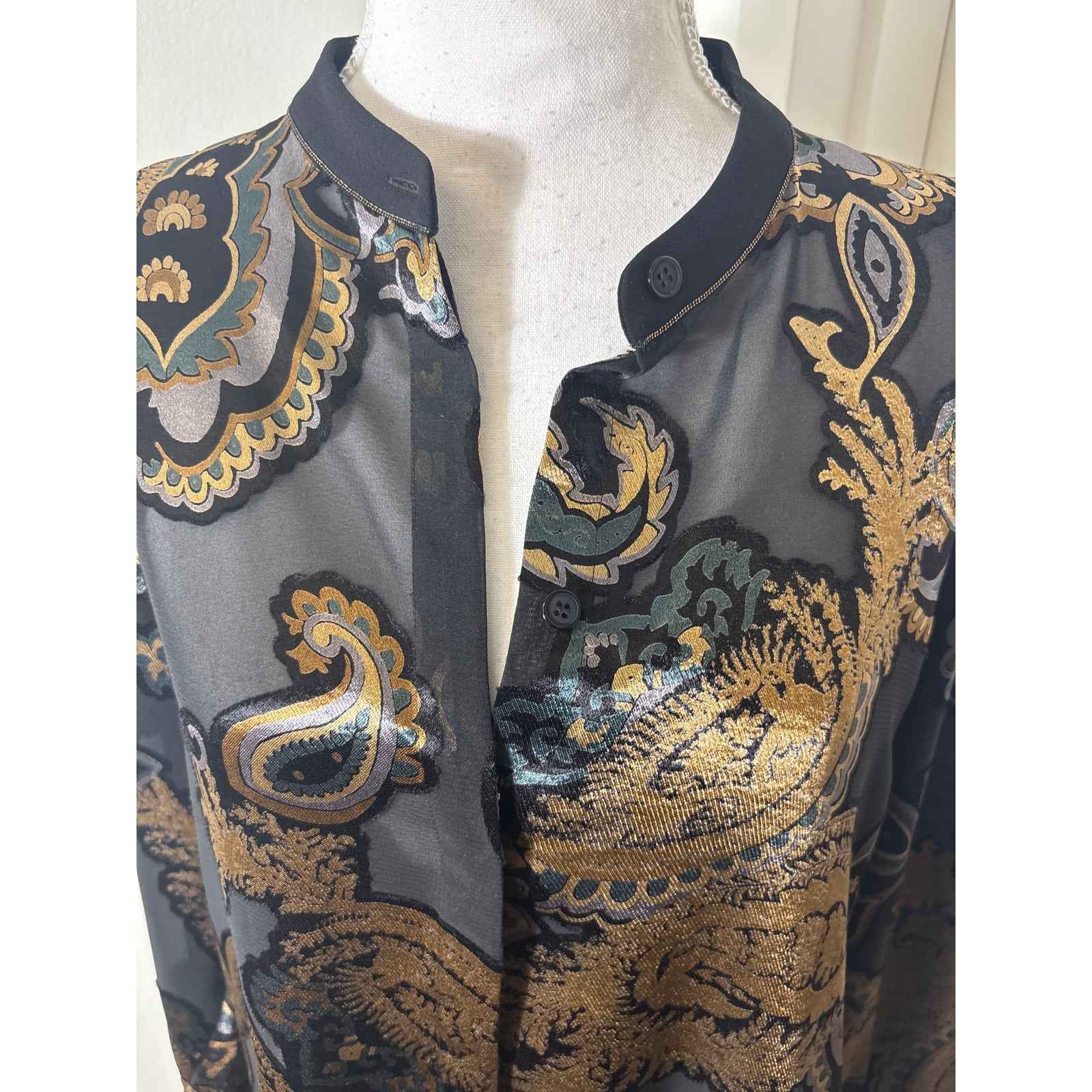 Lafayette 148 Black with Gold Paisly Sheer Blouse Sz L