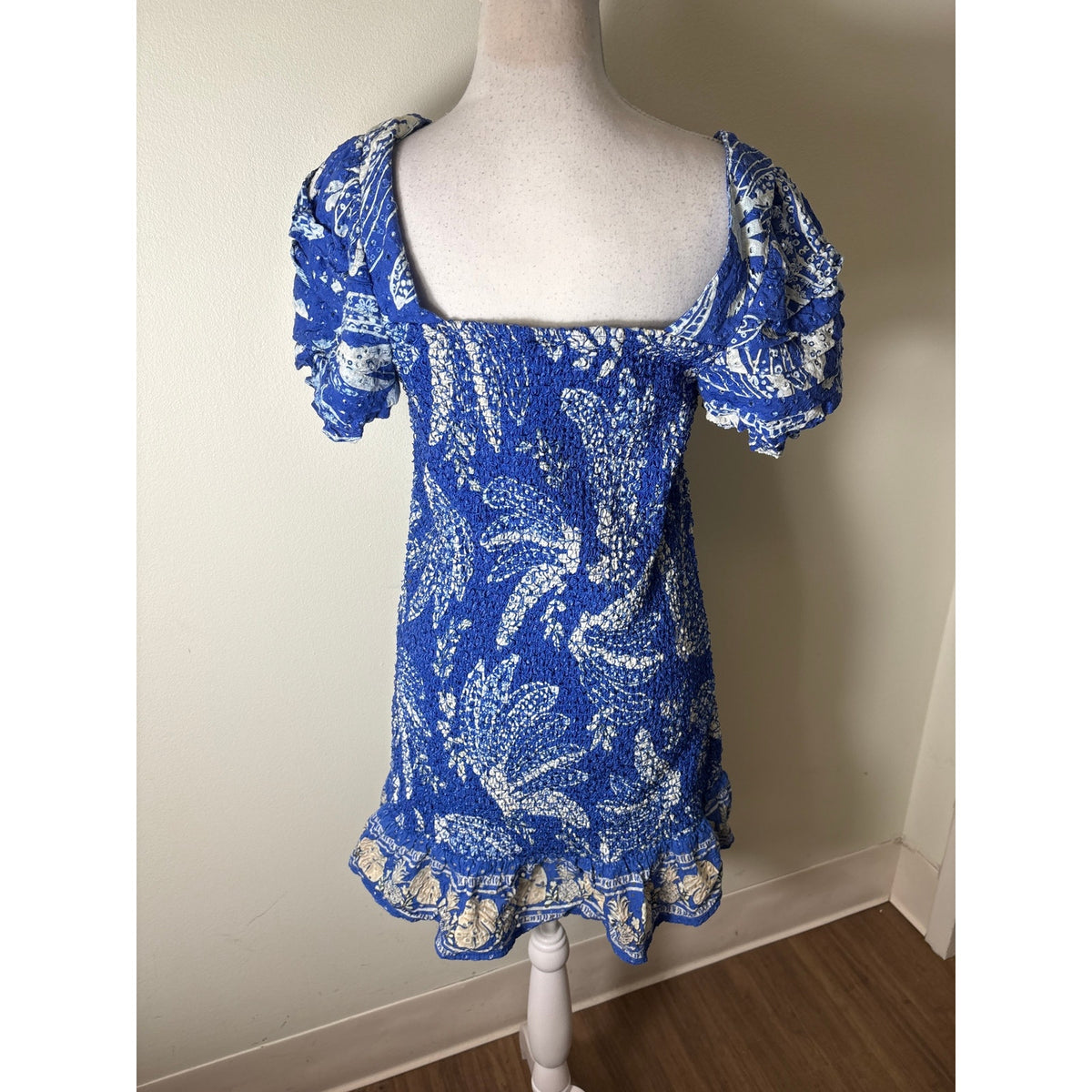 Farm Rio Blue White Smocked Flutter Sleeve Mini Dress Sz M