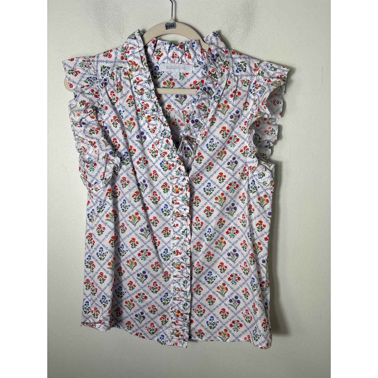 Sugar Lips Blue Floral Flutter Sleeve V-Neck Cotton Top sz S