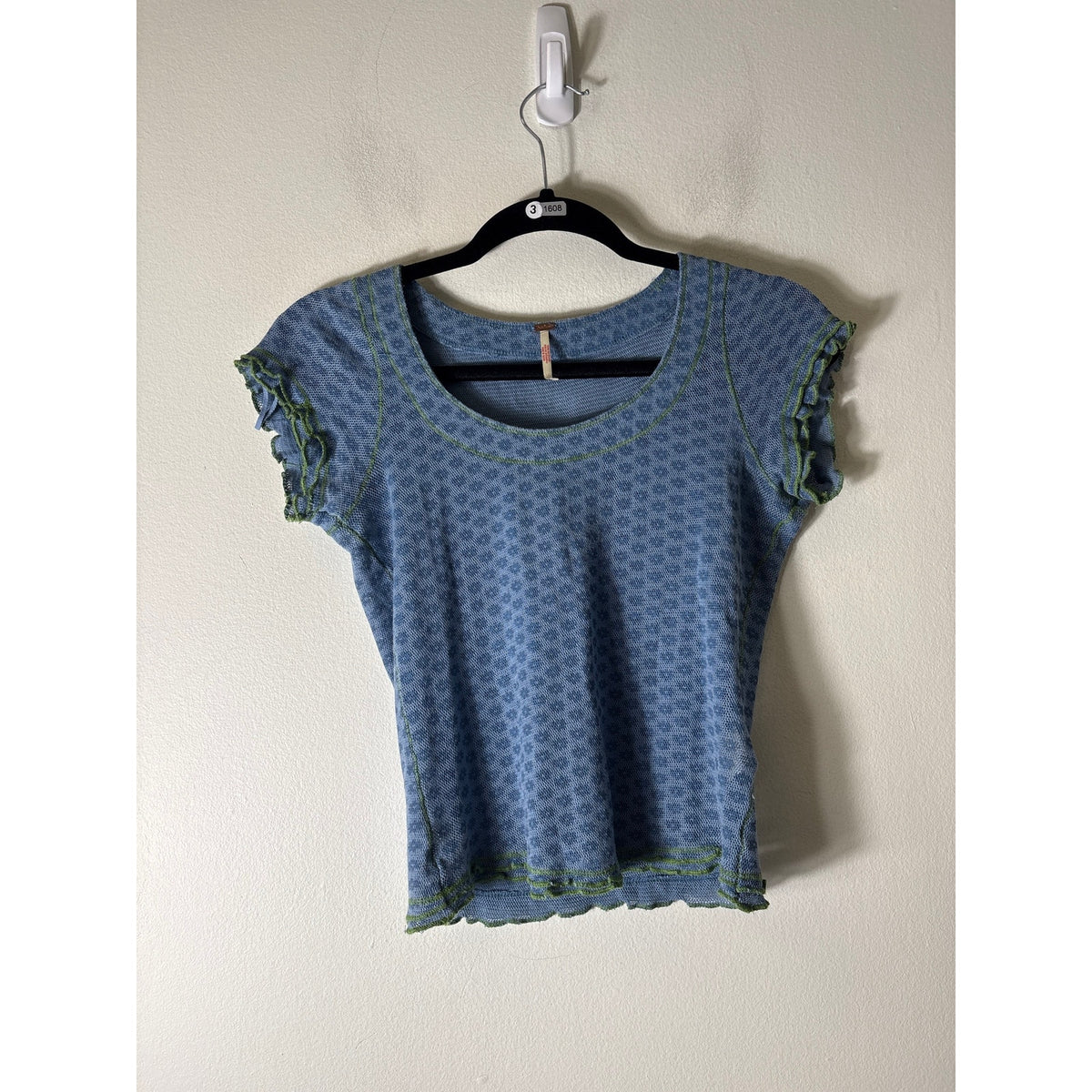 Free People Blue With Green Stitching Top Sz XS