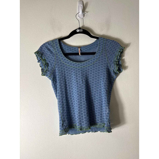 Free People Blue With Green Stitching Top Sz XS