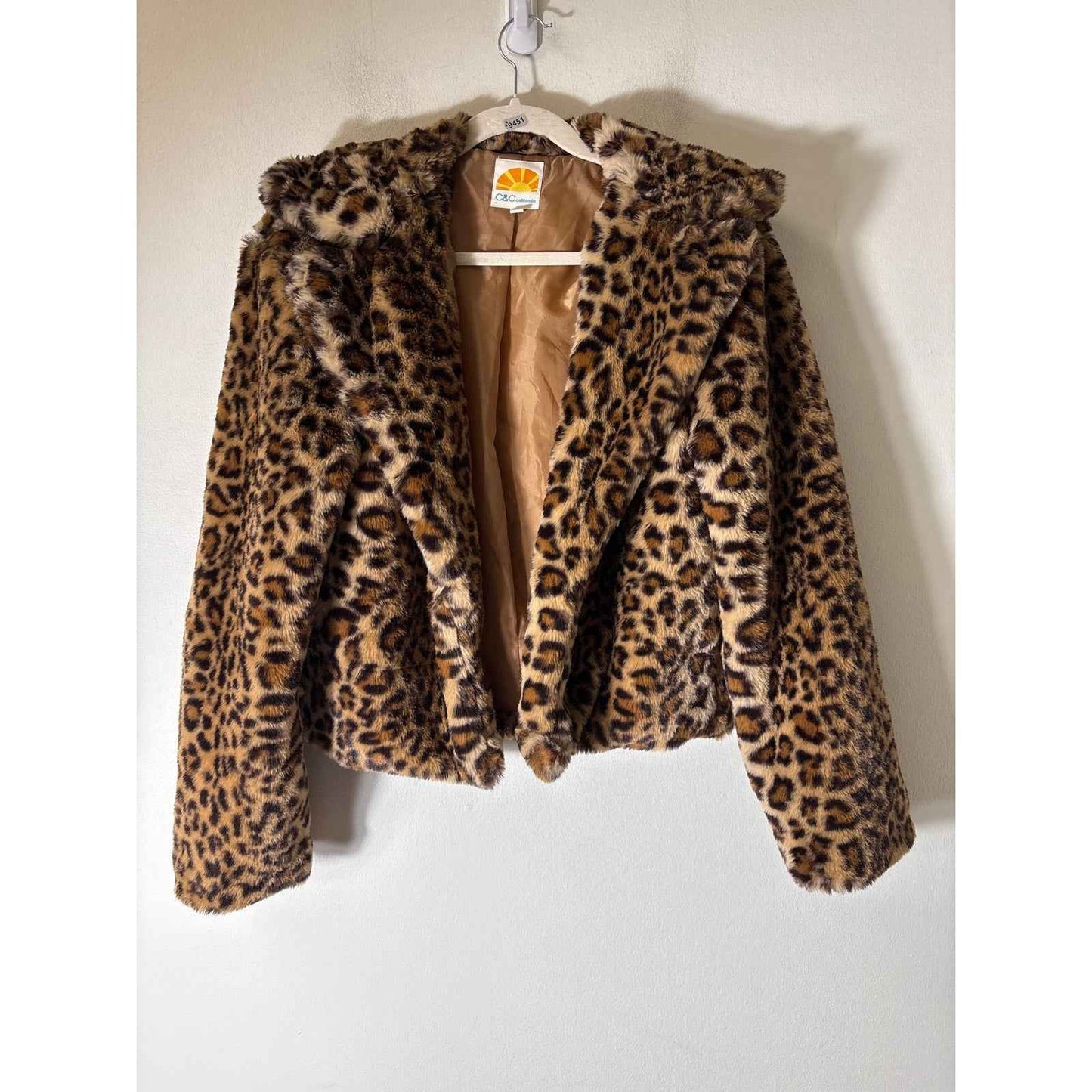 C&C California Tan Cheetah Print Long Sleeve Faux Fur Jacket Sz S