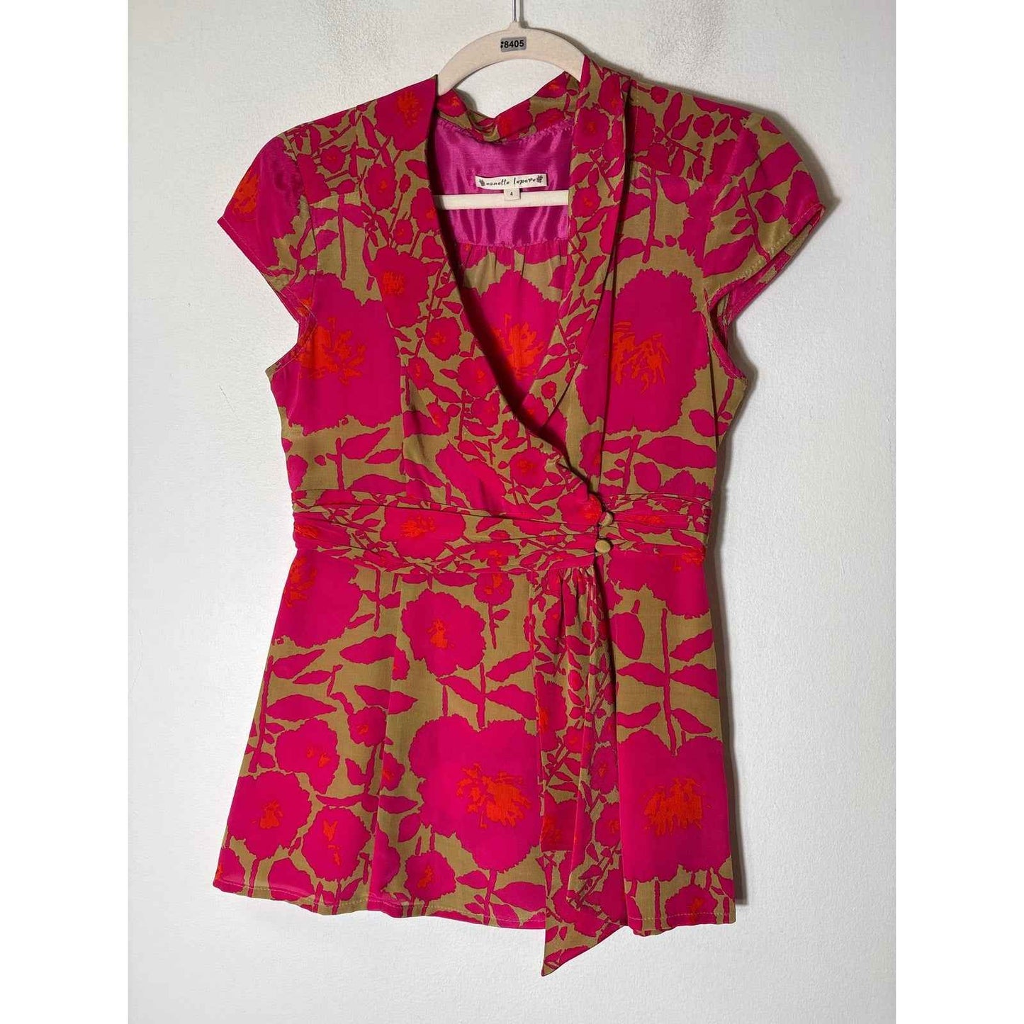Nanette Lepore Hot Pink Floral Cap Sleeve Silk Wrap Top Sz 4