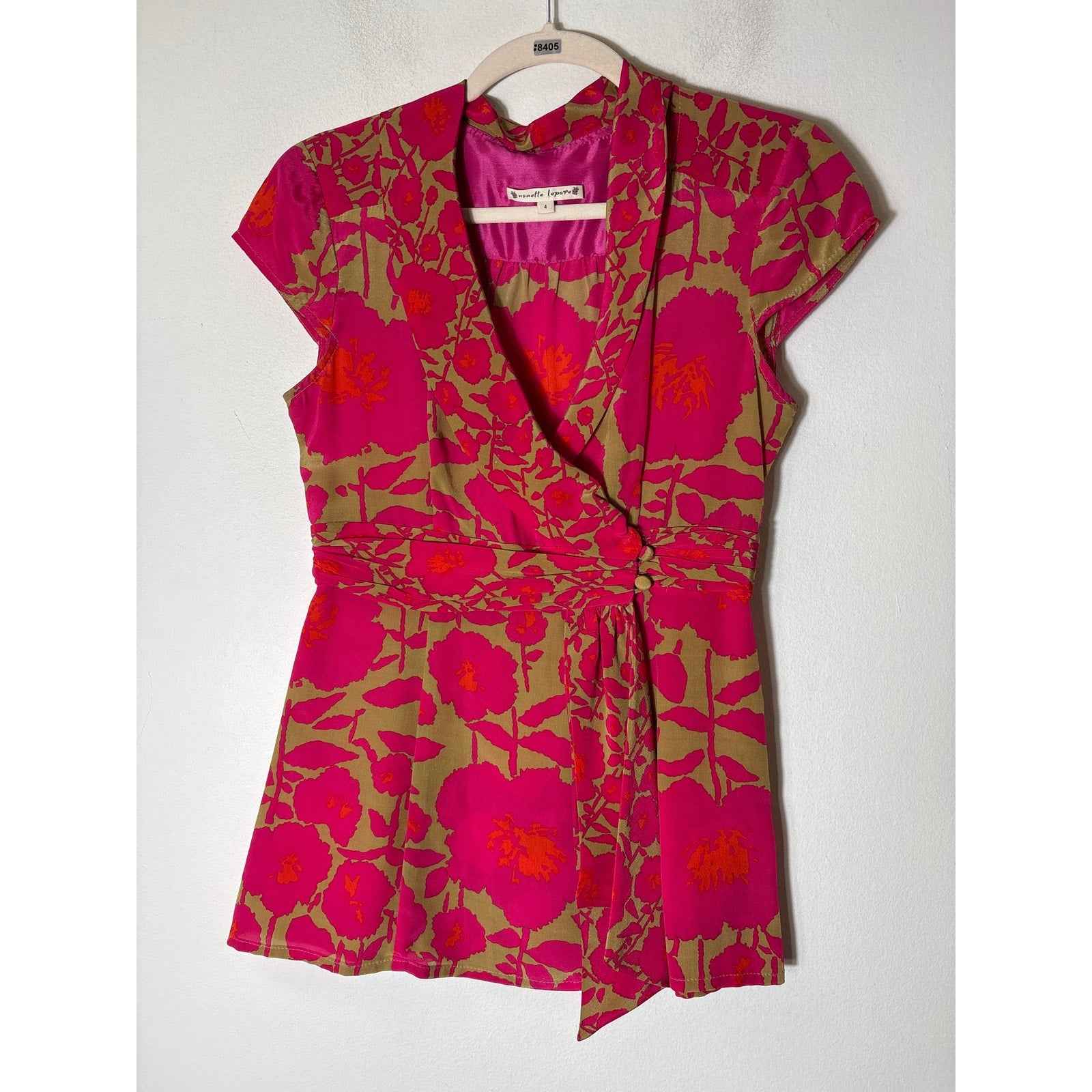 Nanette Lepore Hot Pink Floral Cap Sleeve Silk Wrap Top Sz 4