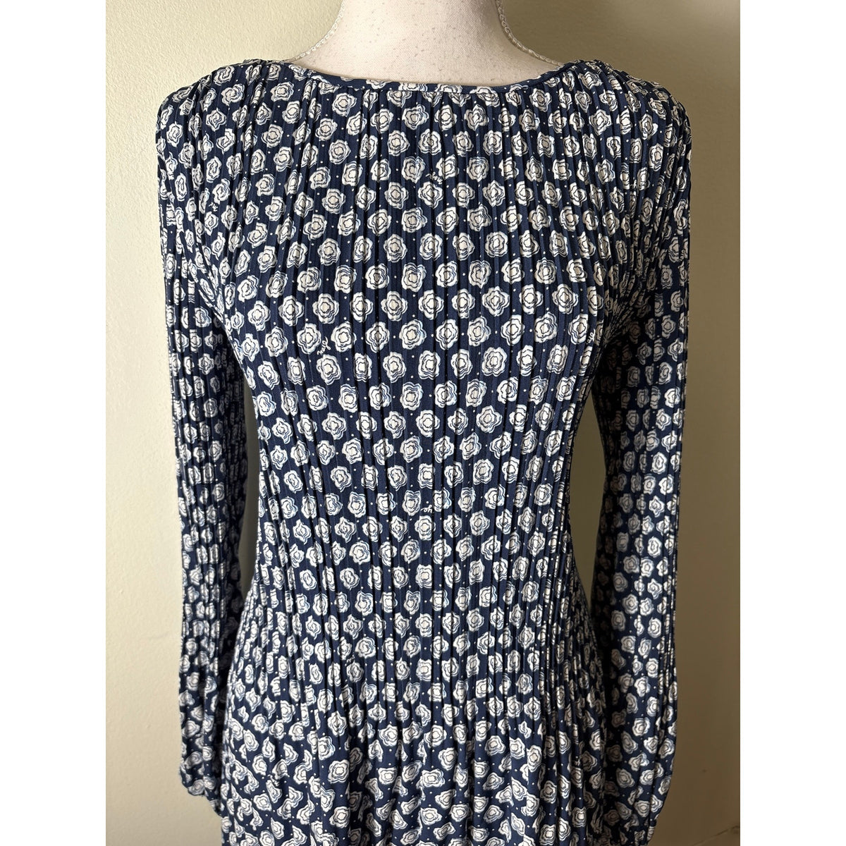 Maje Navy White Long Sleeve Pleated Mini Dress Sz 36