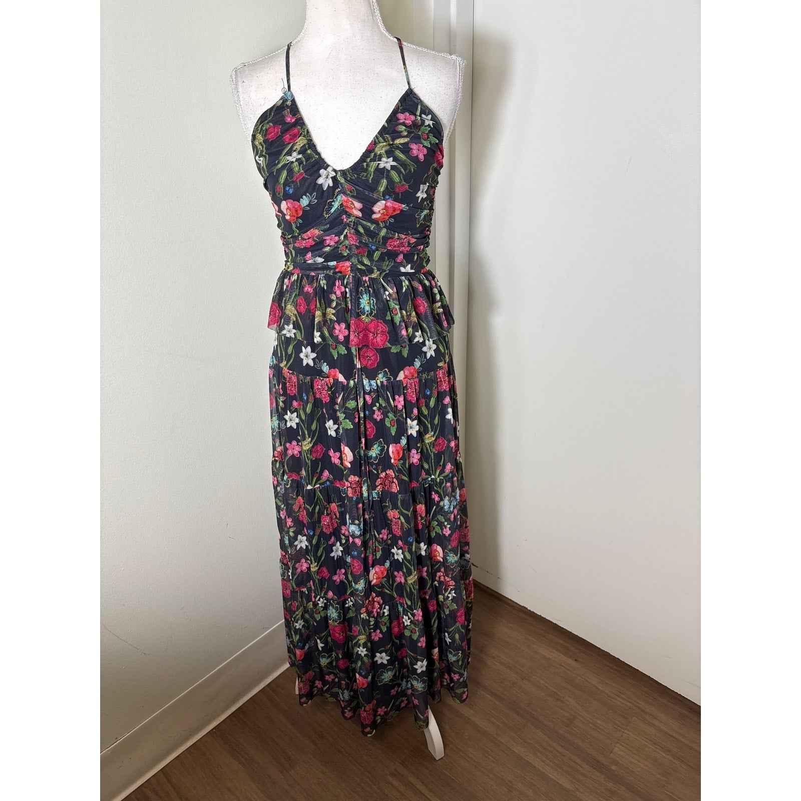 NSR Black Floral Mesh Spaghetti Strap Maxi Dress Sz XS