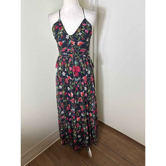 NSR Black Floral Mesh Spaghetti Strap Maxi Dress Sz XS