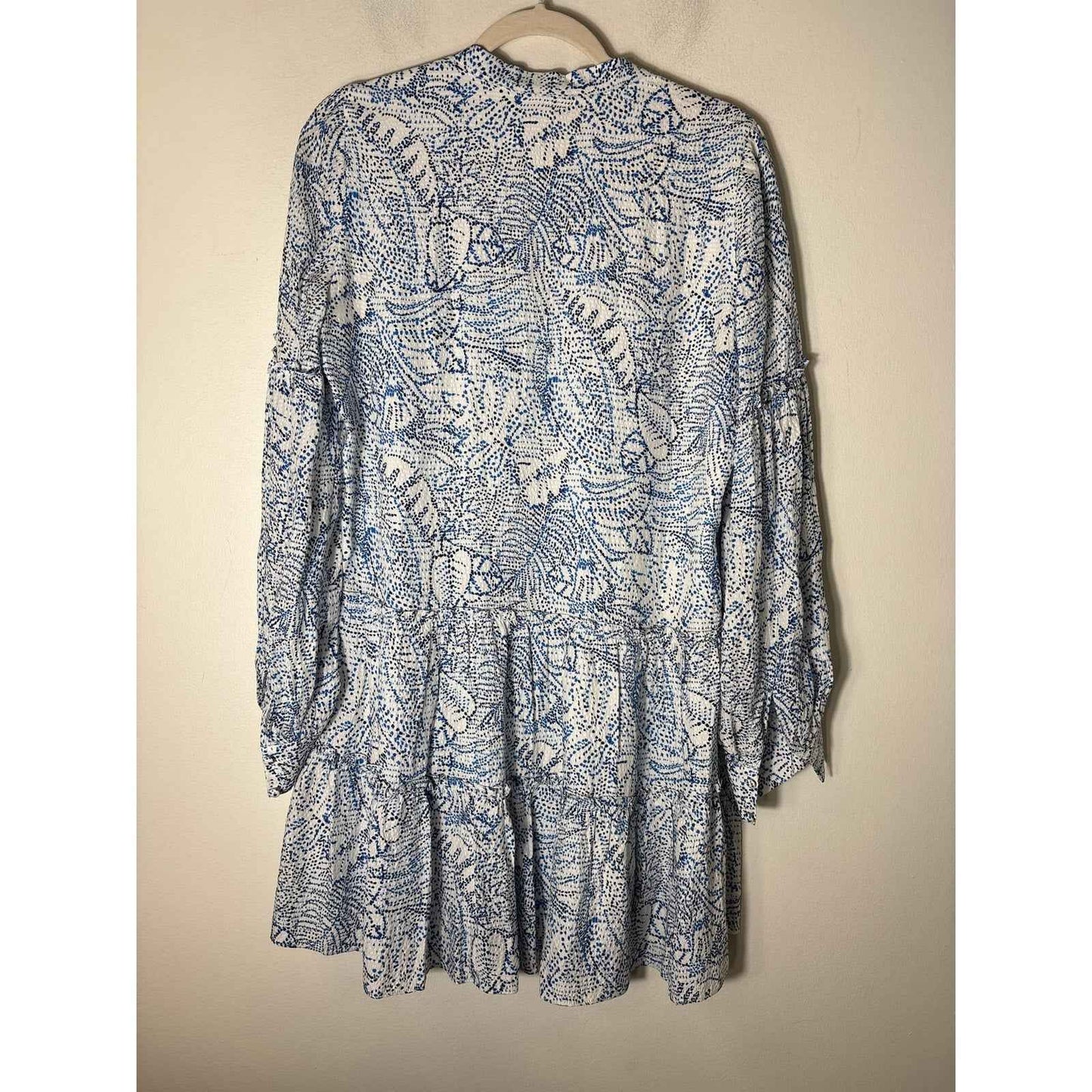 Parker Blue and White Long Sleeve Silk Tiered Mini Dress Sz S