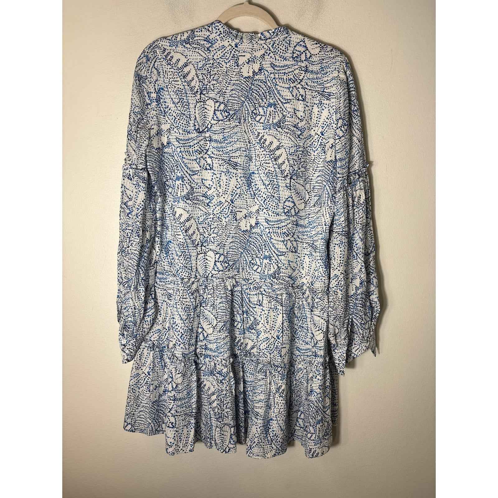 Parker Blue and White Long Sleeve Silk Tiered Mini Dress Sz S