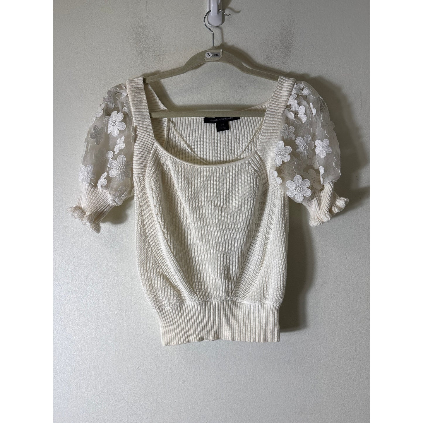 French Connection Off White Mixed Media Short Sleeve Knit Sweater Sz XS