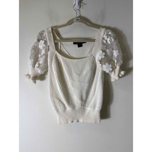 French Connection Off White Mixed Media Short Sleeve Knit Sweater Sz XS