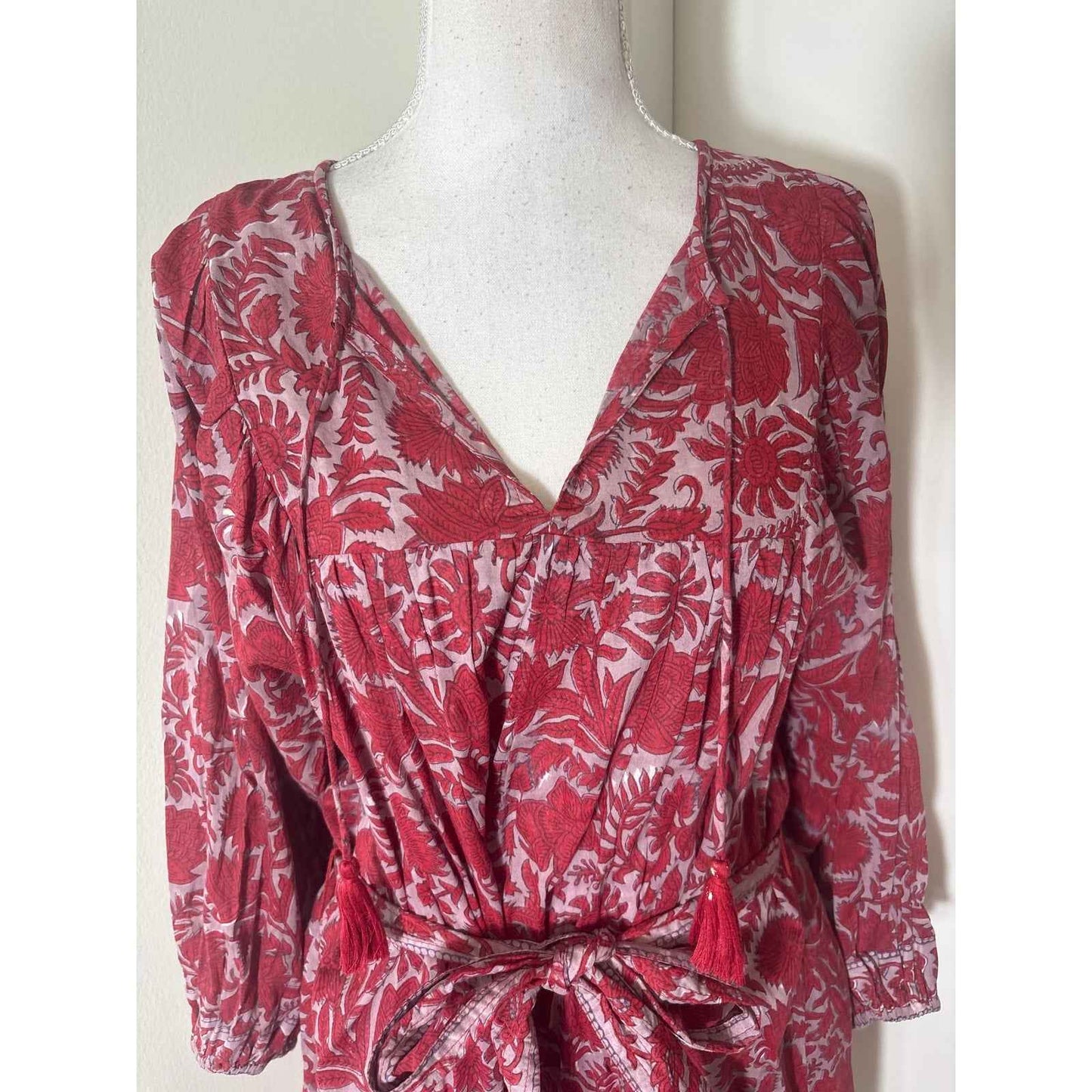 Cleobella Red Floral Block Print Mini Dress Sz L