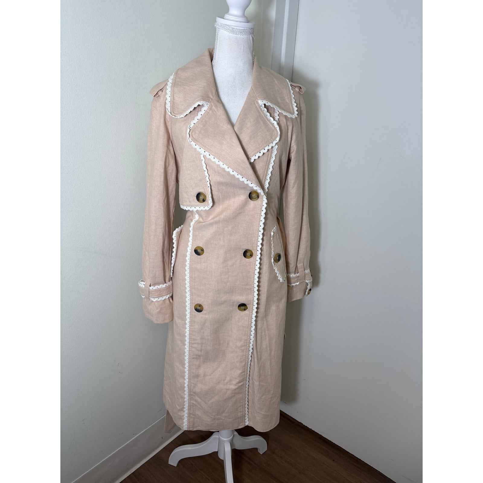 Avec Les Filles Tan Ric Rac  Trimmed Trench Coat Sz XS
