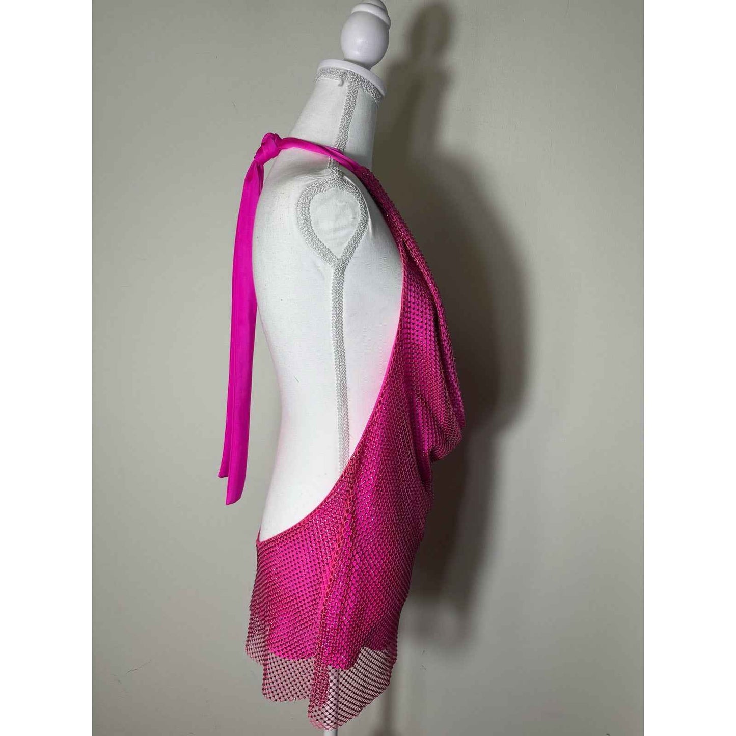 Amanda Uprichard Hot Pink Sequin Fishnet Halter Top Sz L