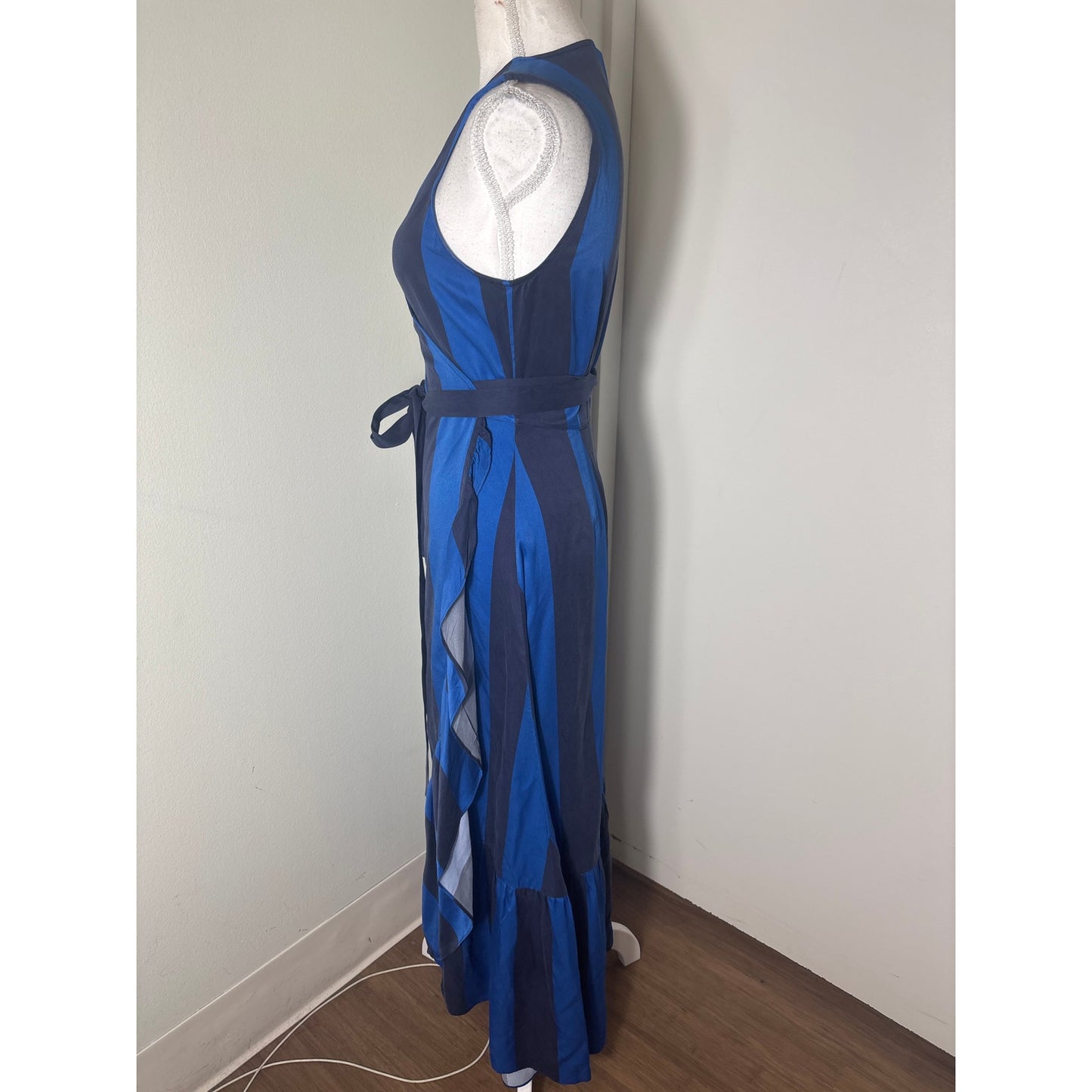 Unsubscribed Blue Stripe Sleeveless Silk Wrap Maxi Dress Sz S