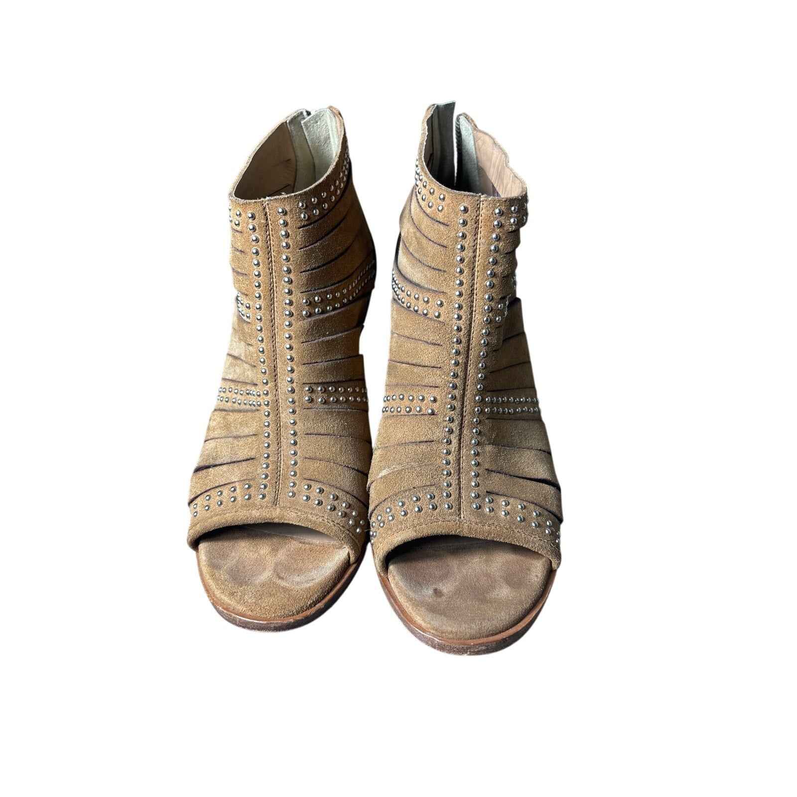 Janet and Janet Brown Leather Studded  Peep Toe Mid Heel Bootie Sz 7.5