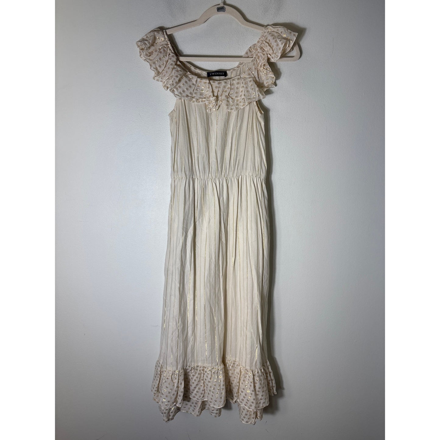 TWINSET Creamy White and Gold Flutter Sleeve Cotton Maxi Dress Sz XS