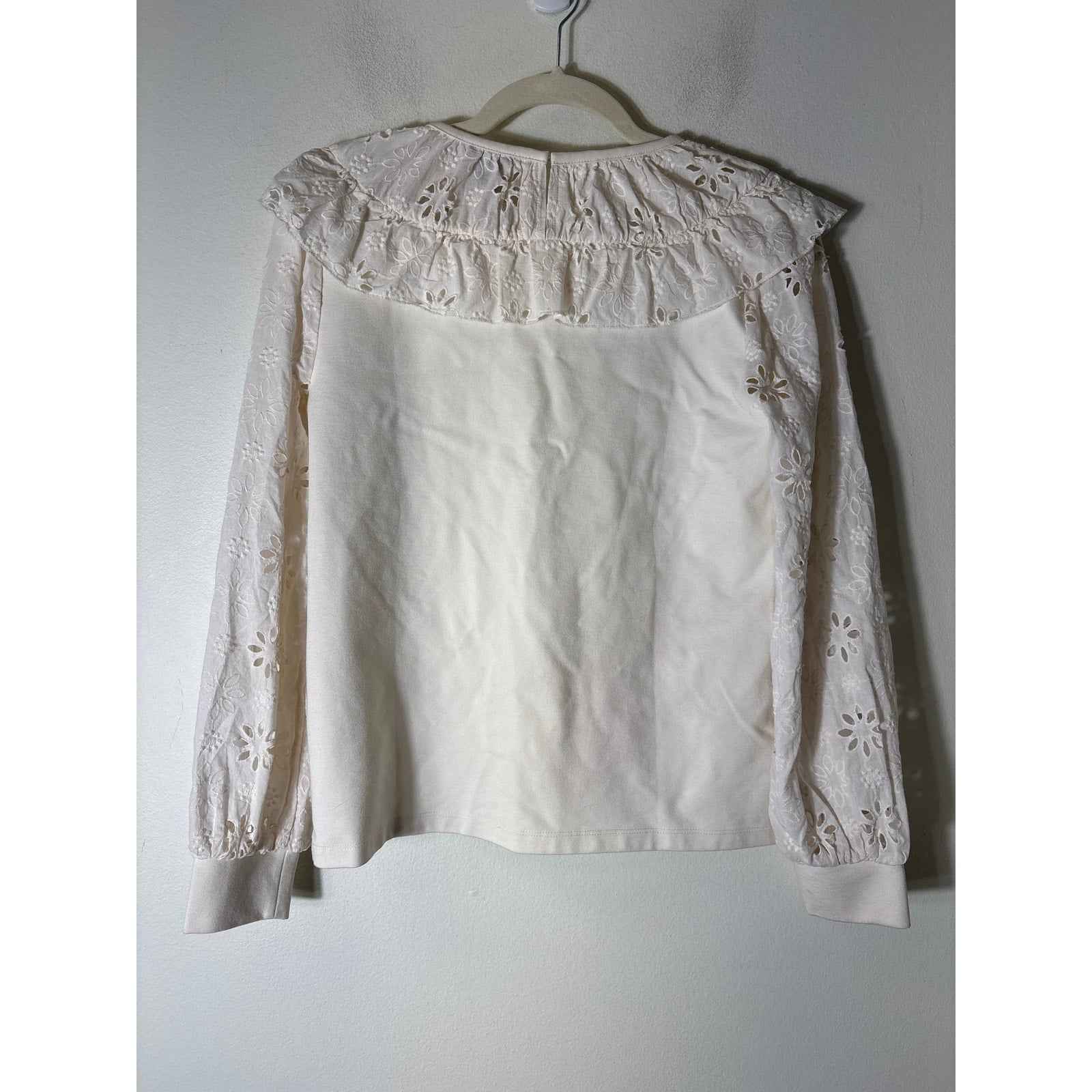Ann Taylor Cream White Mixed Media Long Sleeve Eyelet Top Sz XS