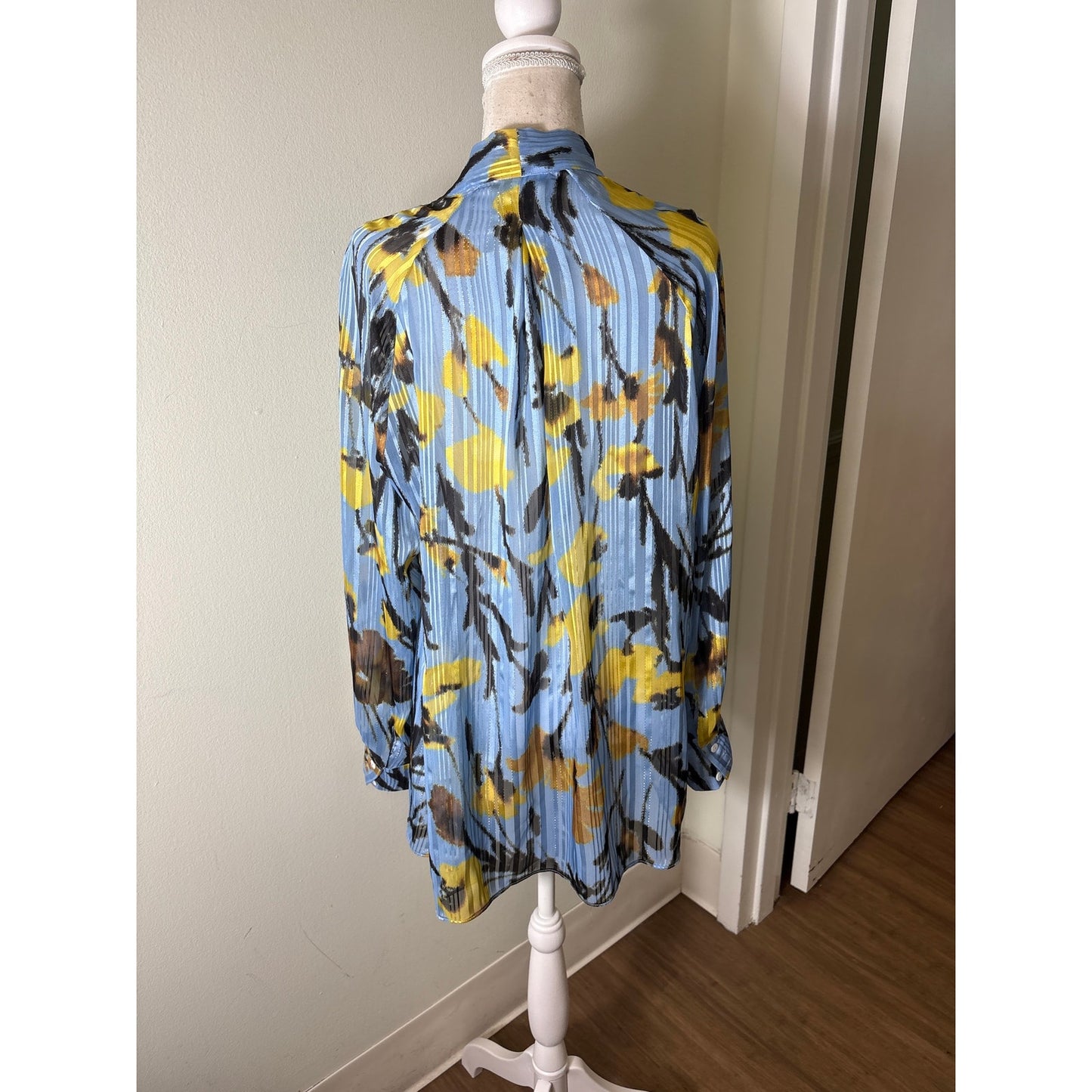 Pearl by Lela Rose Blue and Yellow Gold Threaded Blouse Sz L