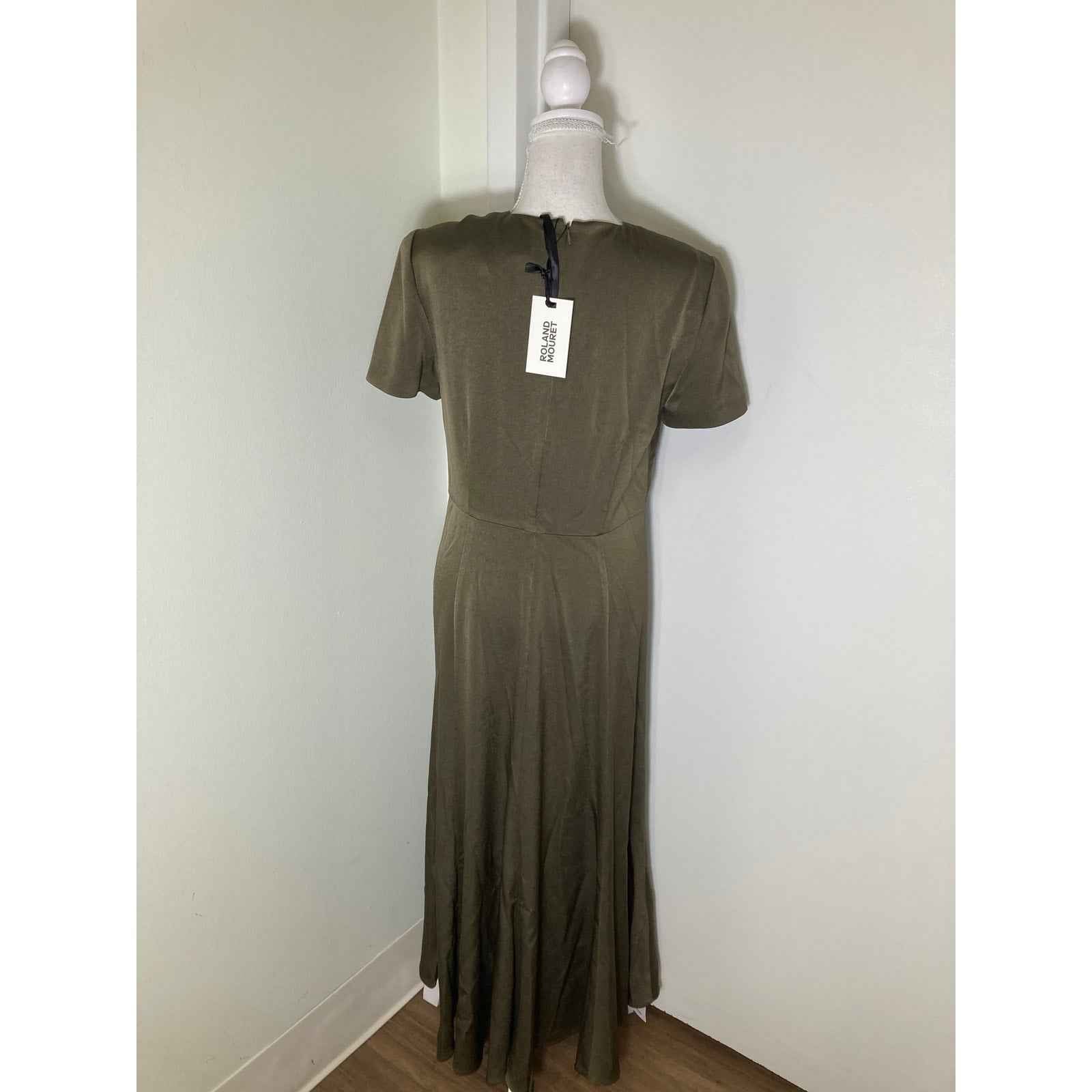 NWT Roland Mouret Olive Green Satin Crepe w Drape Dress Sz 8