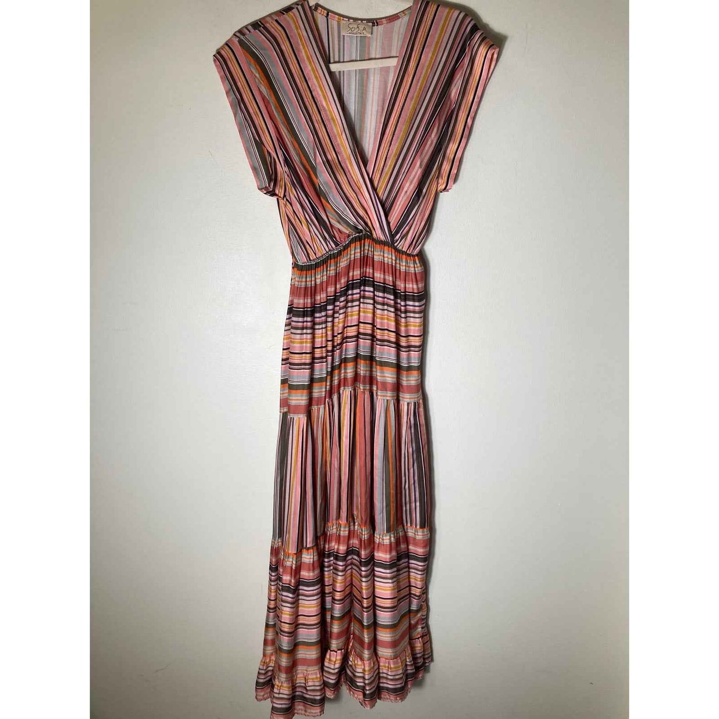 Sophia Made in Italy Orange and Pink Stripe Sleeveless V-Neck Tiered Dress Sz XS