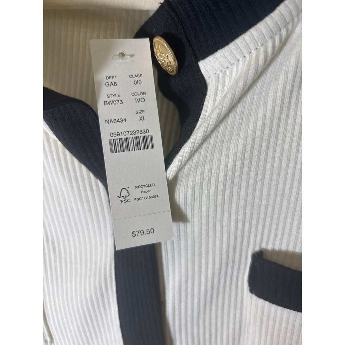 NWT J. Crew Black and Off White Long Sleeve Ribbed Shirt Sz XL