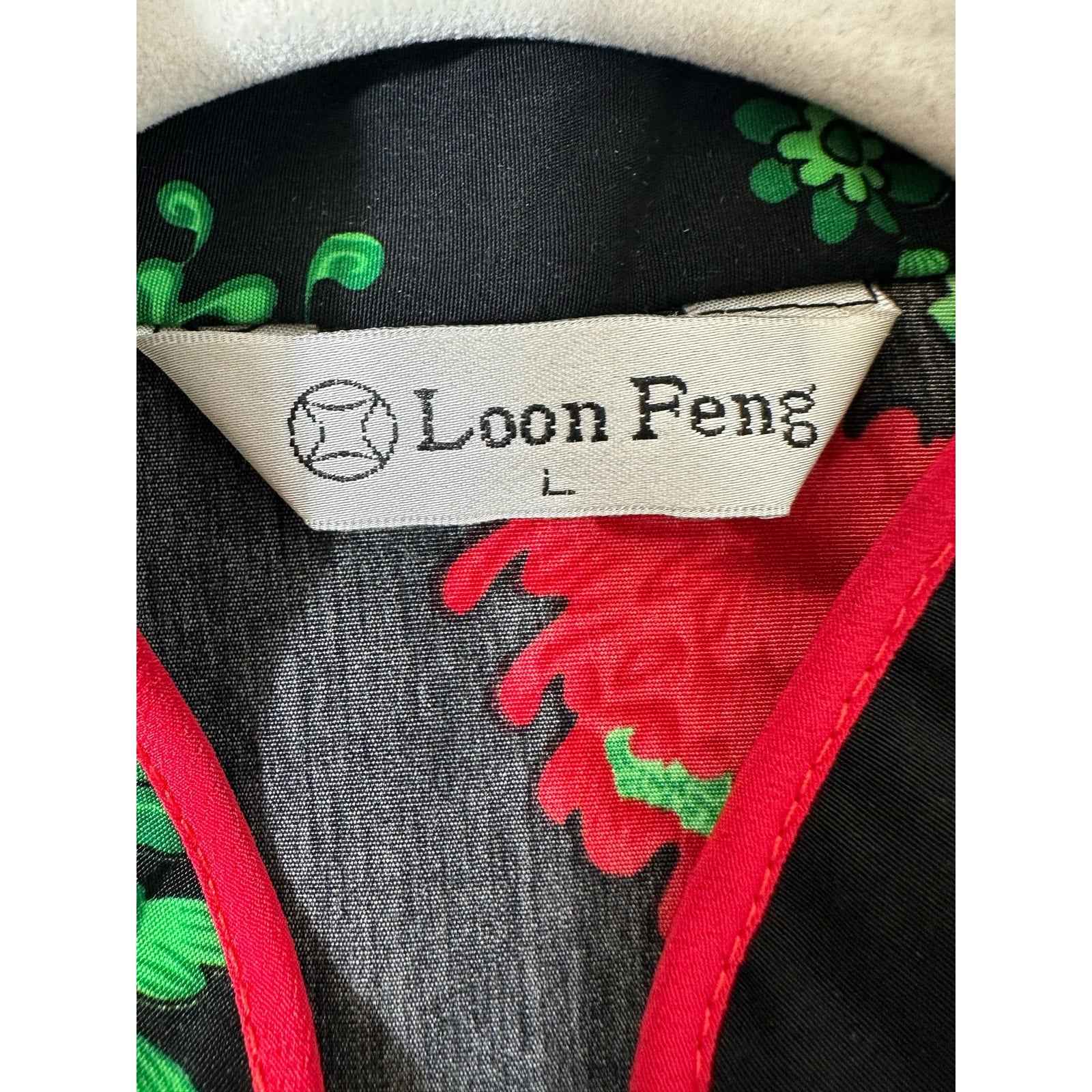 Loon Feng Printed Red and Green Flower Mandarin Jacket with Collar Sz L