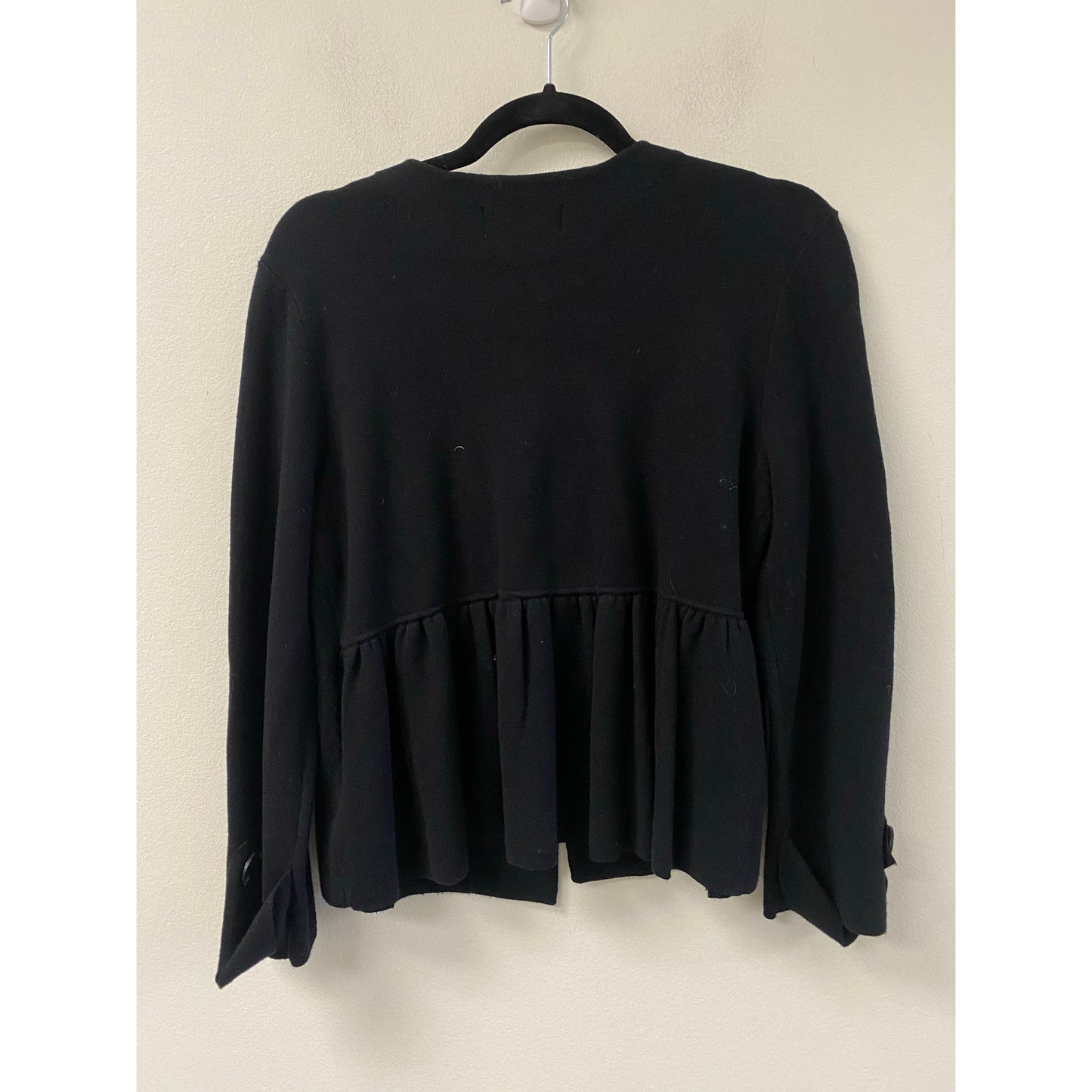 Anthropologie Black Button Up Cardigan w Ruffle Peplem In Back- So cute! SZ S