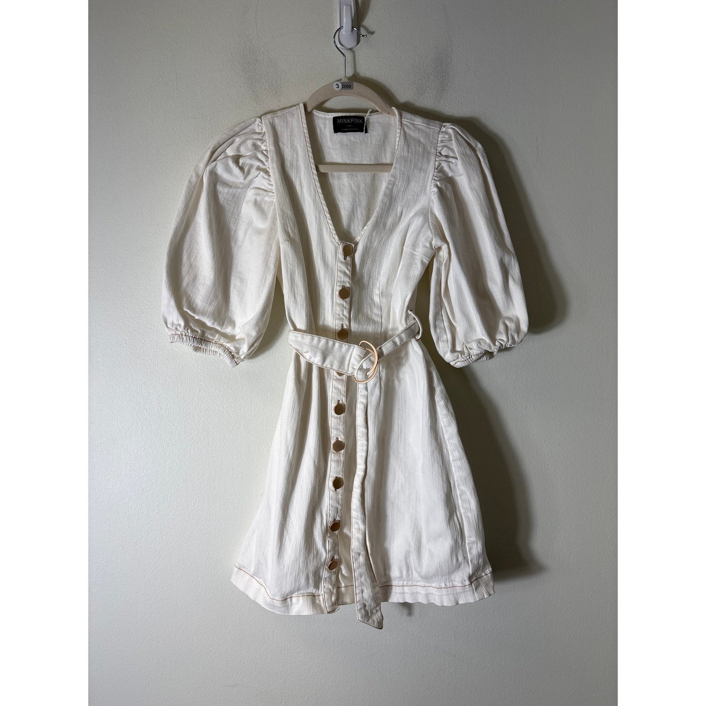 Mink Pink White Half Puff Sleeve Button Up Mini Dress Sz S