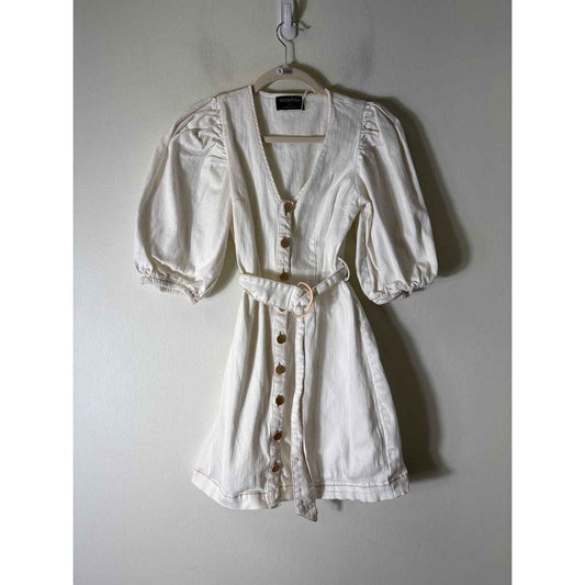 Mink Pink White Half Puff Sleeve Button Up Mini Dress Sz S