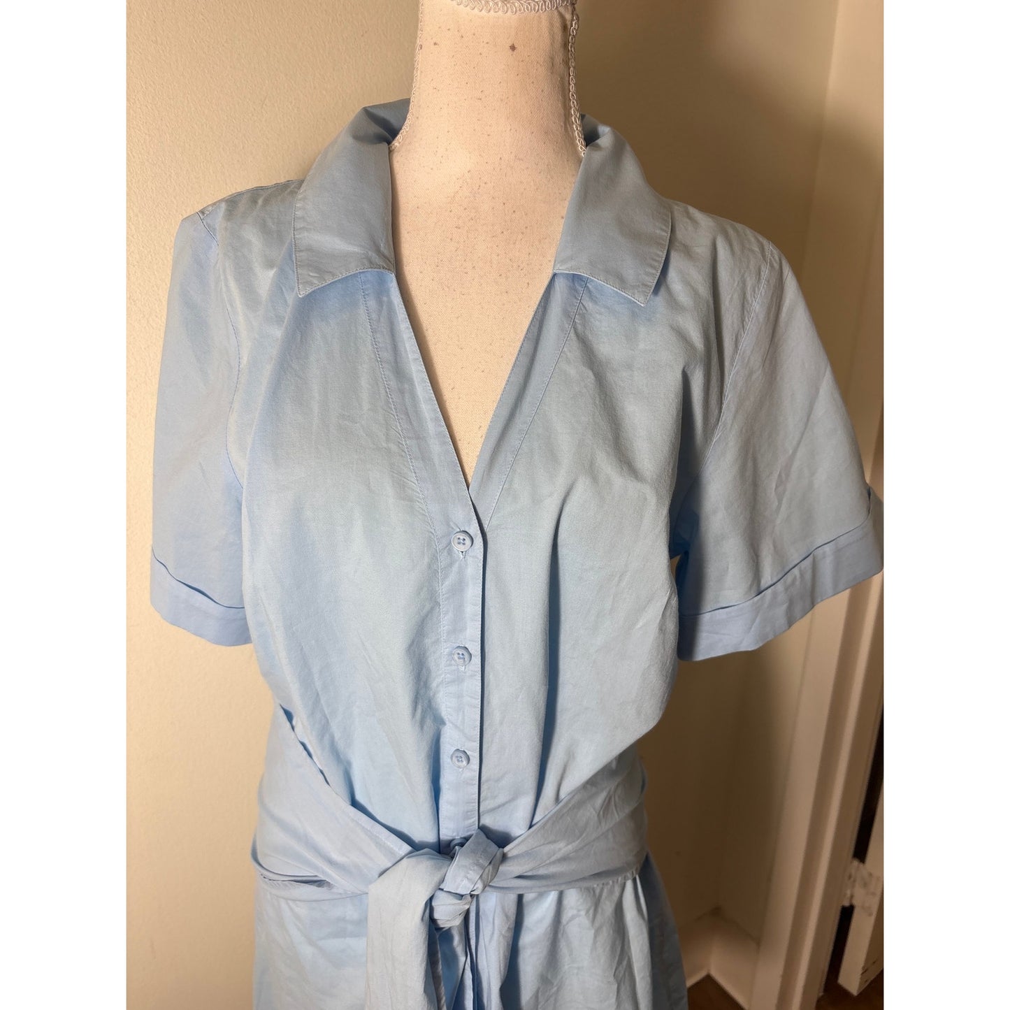 Nation Light Blue V Neck Button Up Cotton Shirt Dress Sz M