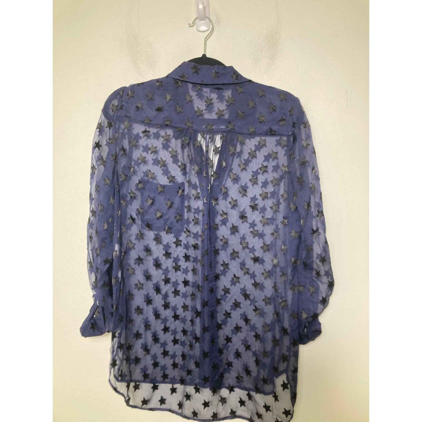 Diane Von Furstenberg Sheer Navy Long Sleeve Button Up Shirt Sz 6