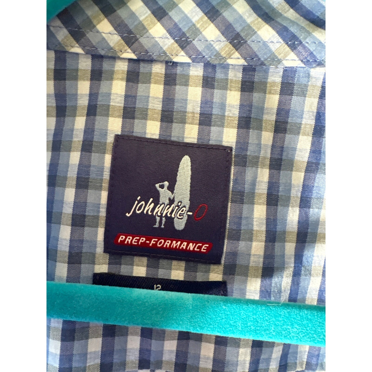 Boys Johnnie O Blue and Gray Gingham Check Button Up Shirt Sz 12