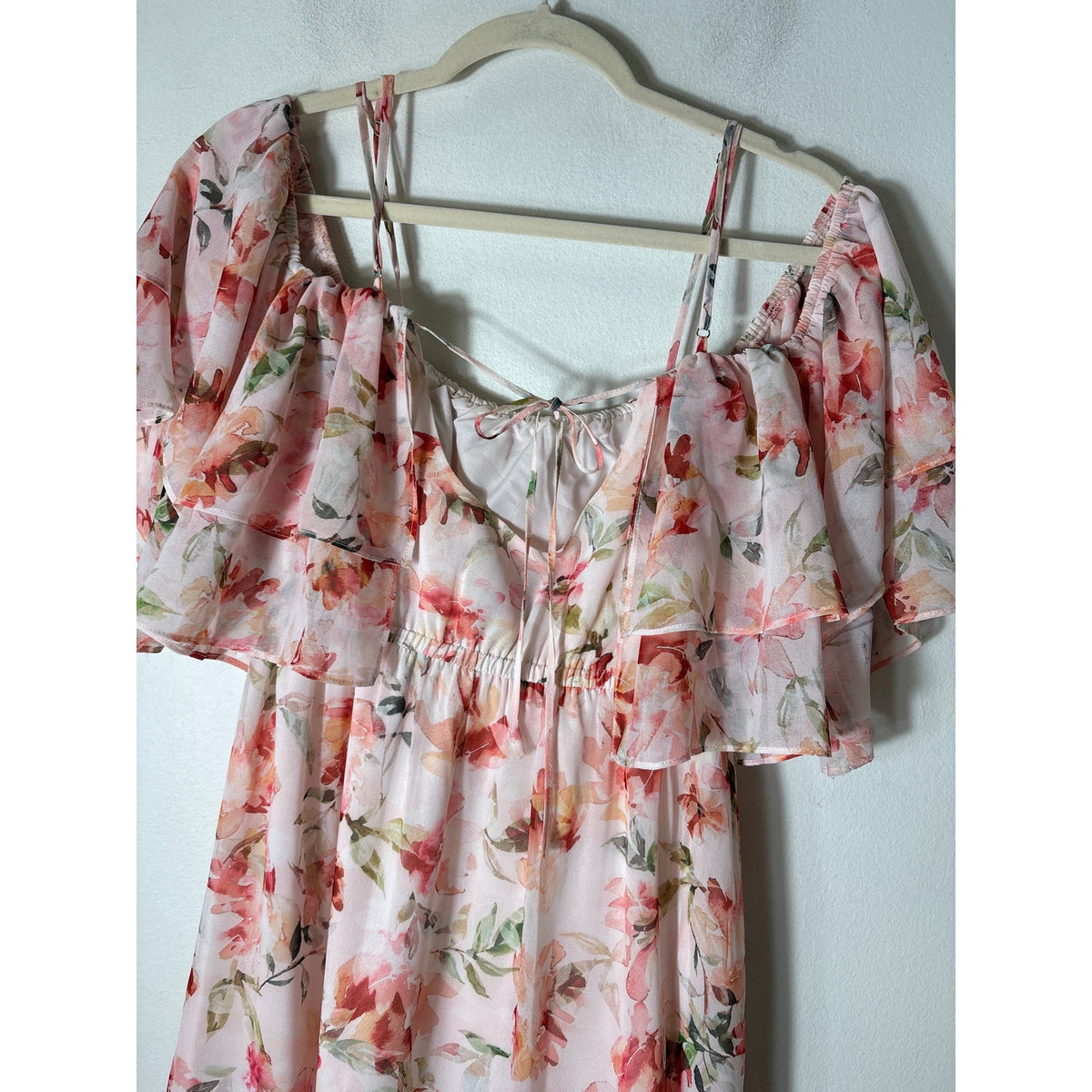 BB Dakota Peachy Pink Floral Off the Shoulder Ruffle MAxi Dress Sz XS