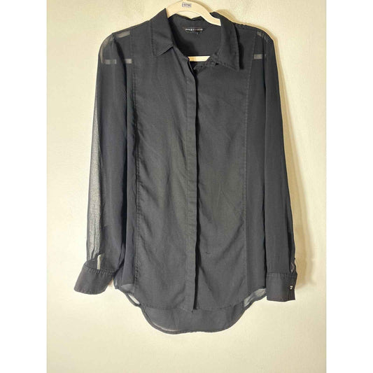 Rock & Republic Black Semi Sheer Long Sleeve Button Up Top Sz M