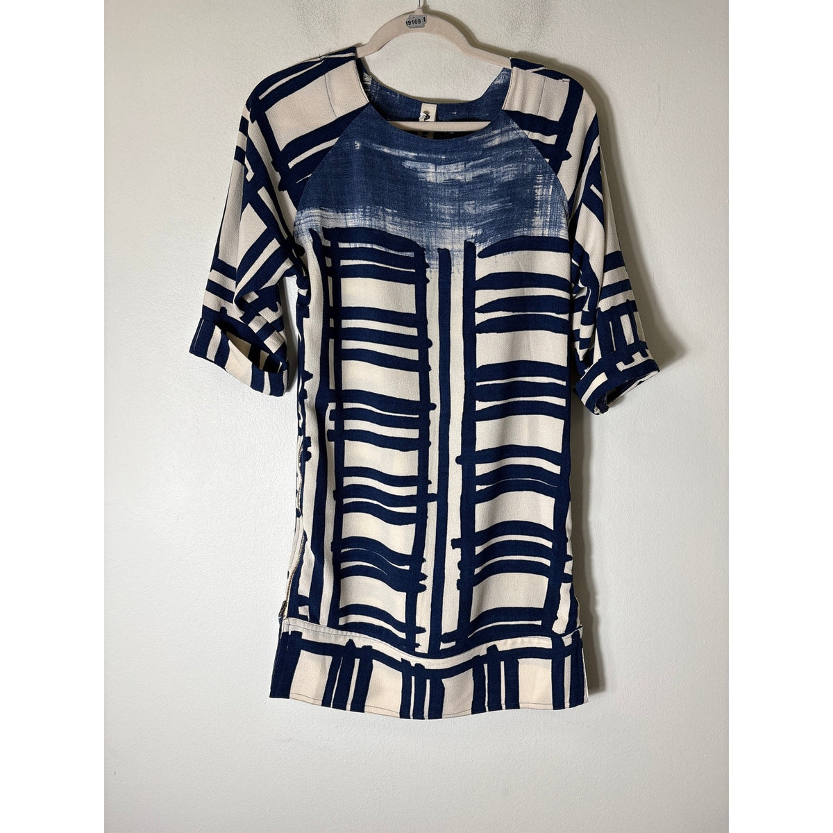 AMADI Off White Navy 3/4 Sleeve Midi Dress sz XS