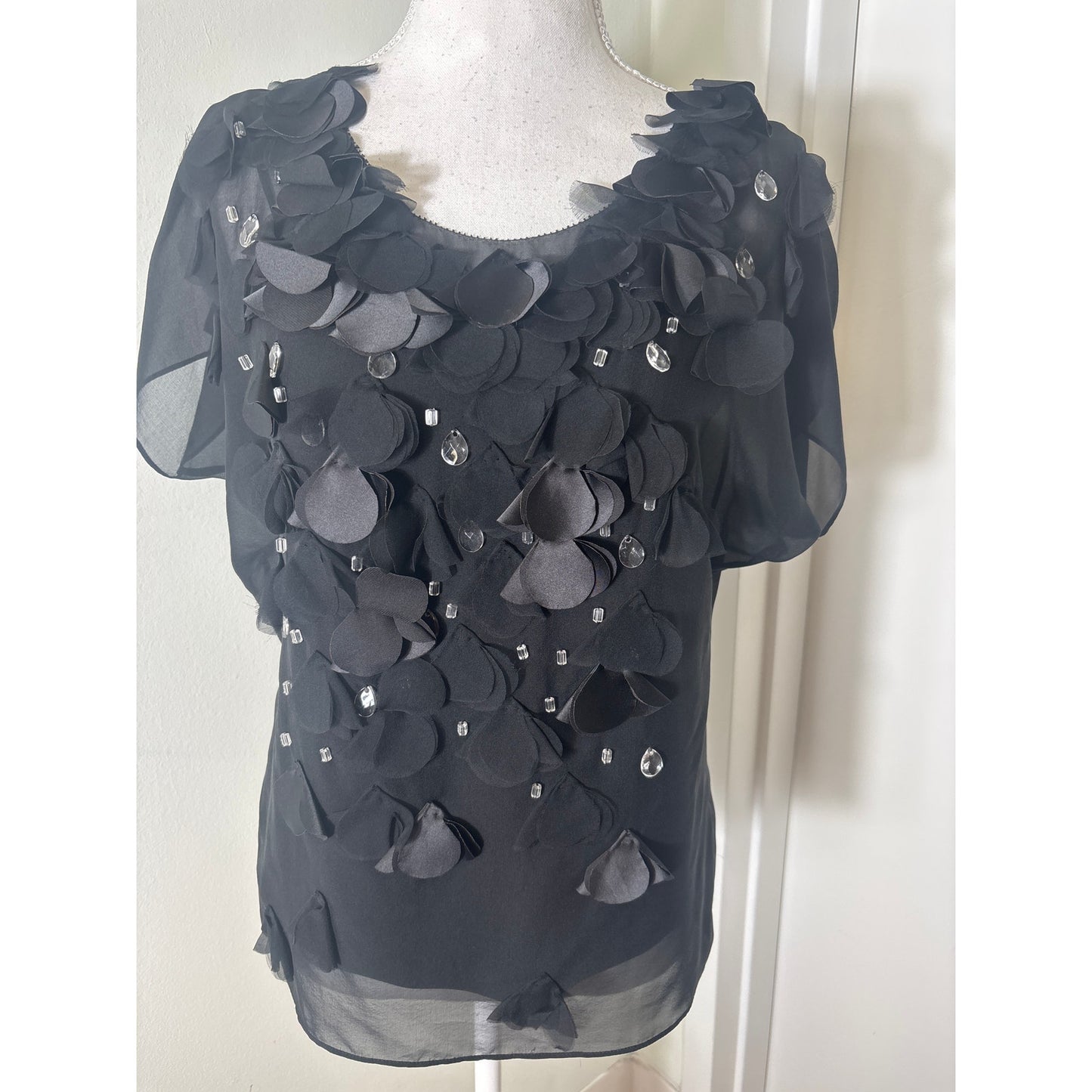 Rebecca Taylor Black Sheer Fish Scale and Diamonds Short Sleeve Shirt Sz 4