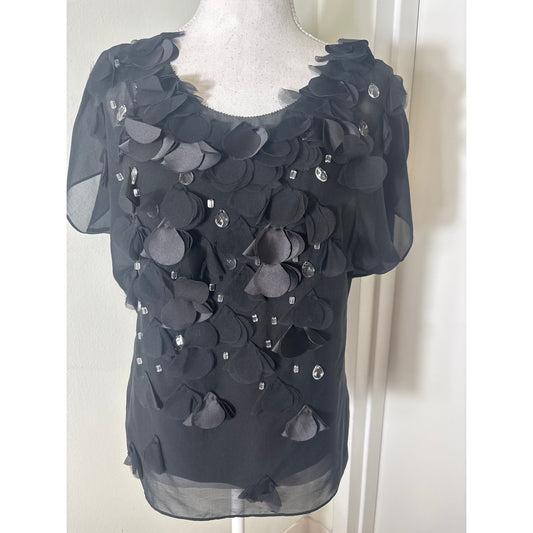 Rebecca Taylor Black Sheer Fish Scale and Diamonds Short Sleeve Shirt Sz 4