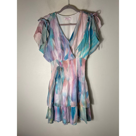 Parker Pastel Watercolor Futter Sleeve Smocked Waist Knee Length Dress Sz S