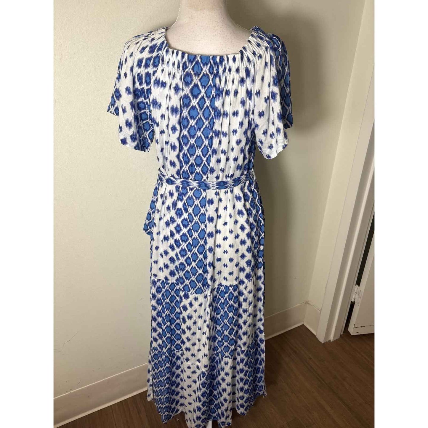 Oliphant Blue White Short Sleeve A-Line Maxi Dress Sz XL
