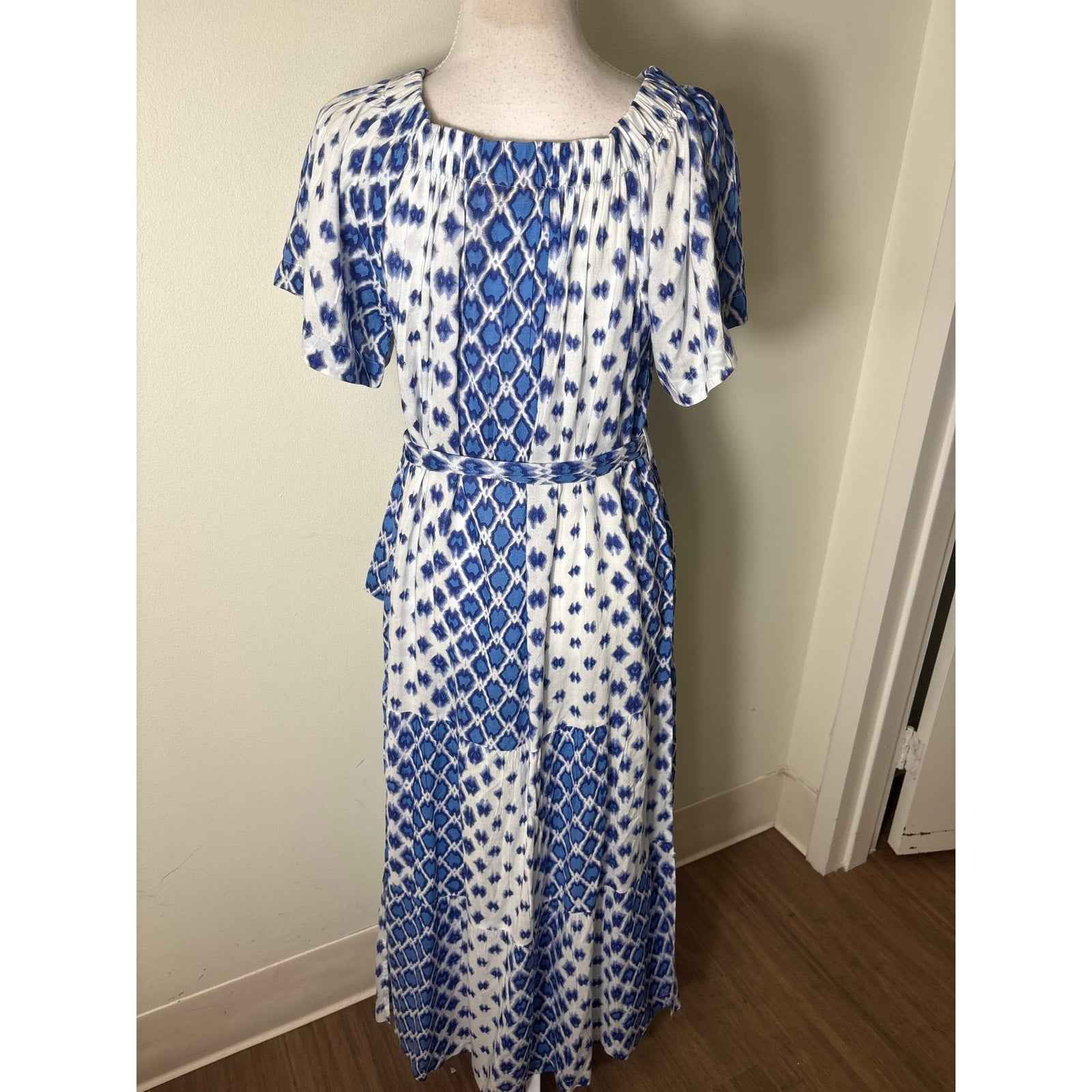 Oliphant Blue White Short Sleeve A-Line Maxi Dress Sz XL