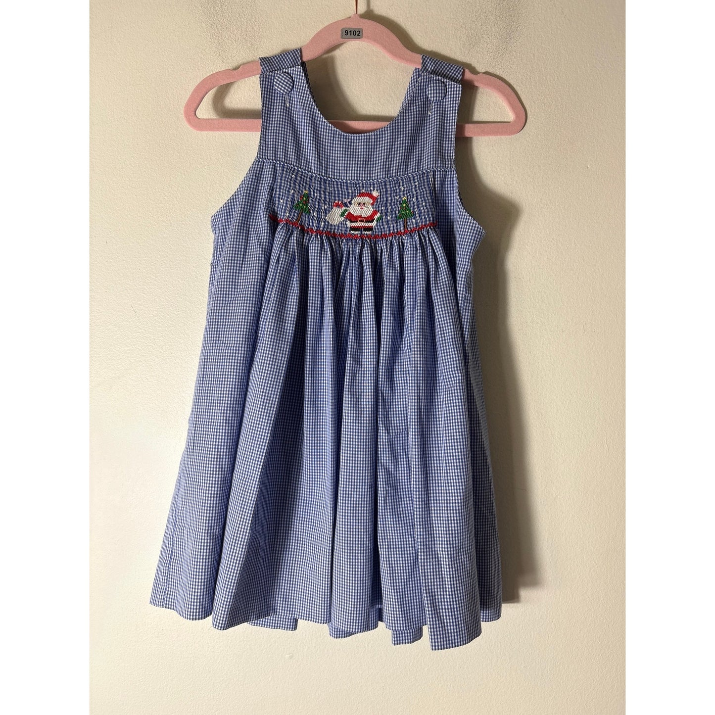 Girls Vintage Amanda Remembered Blue and White Check Smocked Santa Dress Sz 3
