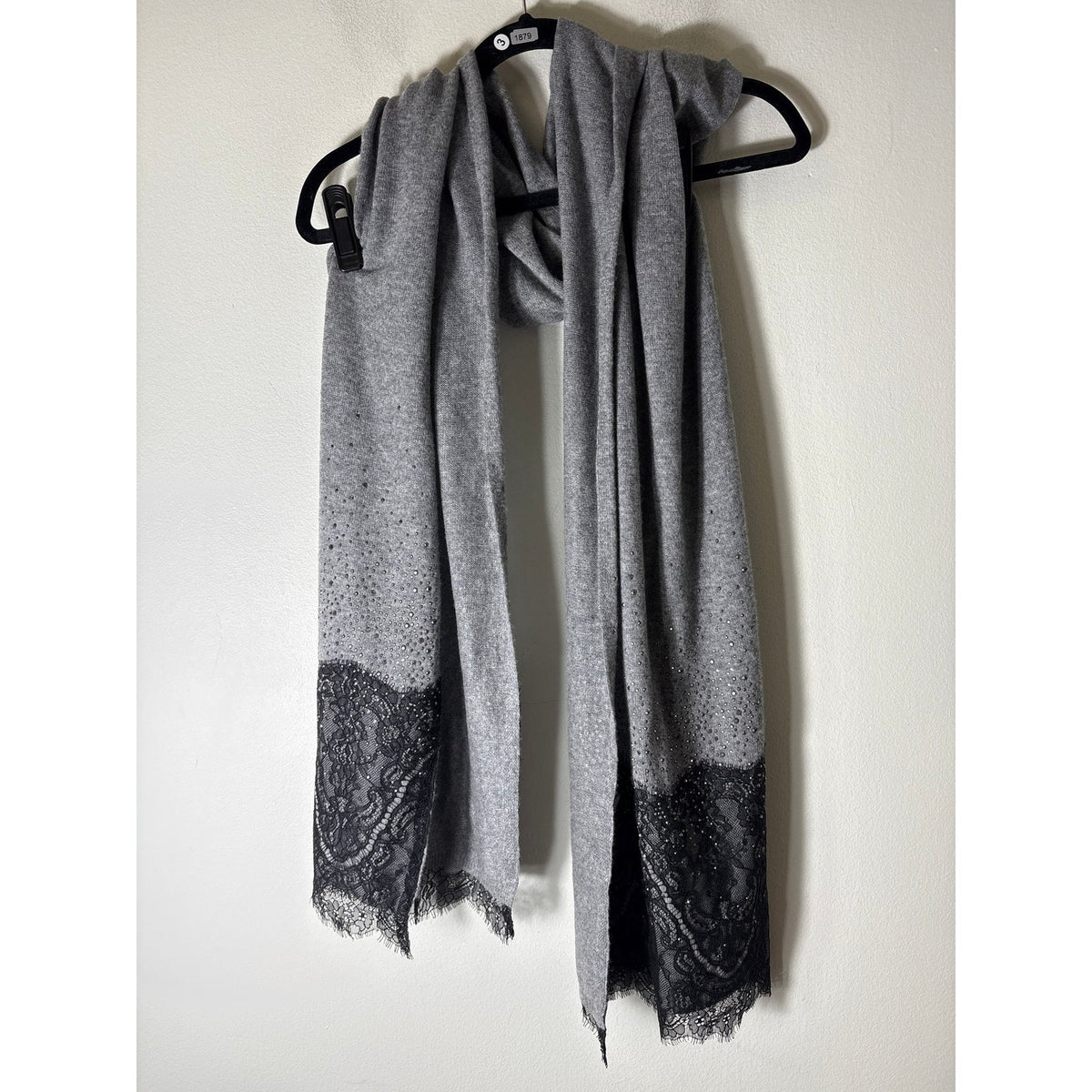 Gorgeous Gray Cashmere Beaded and Lace Scarf